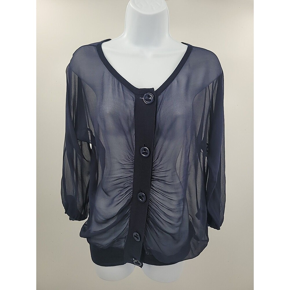 Whim Navy Sheer Cardigan Sweater Sz S Quiet Luxury Preppy